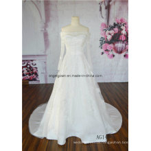 Long Sleeve off Shoulder Buttons Decoration Satin Wedding Dress